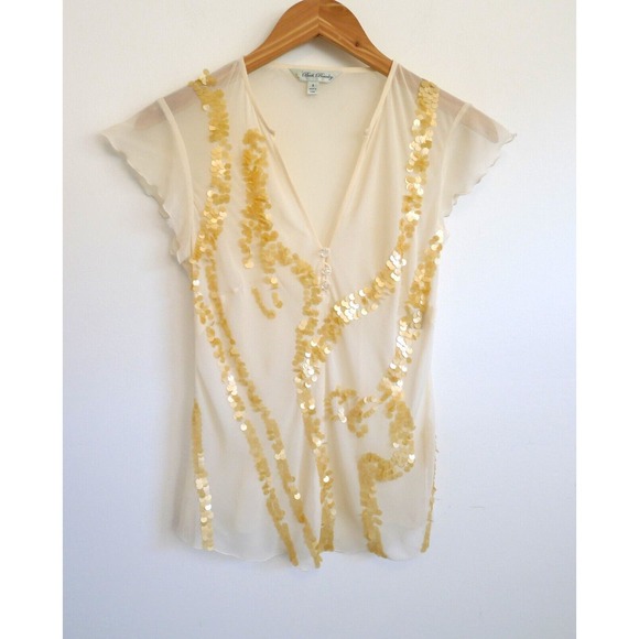 BETH BOWLEY Sequin Silk Chiffon Sheer Flutter Cap Sleeve Top fourTWELVE 4 S $278 - Picture 1 of 8